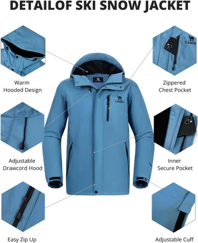 Vista 4 de CAMEL CROWN Chaqueta de esquí para hombre, impermeable, abrigo de nieve de invierno, resistente al viento, forro polar cálido, con capucha, parka