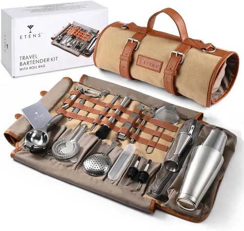 Vista 6 de Kit de camarero de viaje de 22 piezas con bolsa, juego de herramientas de barra profesional de acero inoxidable portátil, kit de mixología