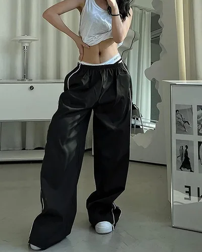 Vista 5 de LAOARA Pantalones deportivos holgados Y2K para mujer, cintura elástica, pierna ancha, paracaídas, pantalones deportivos para correr