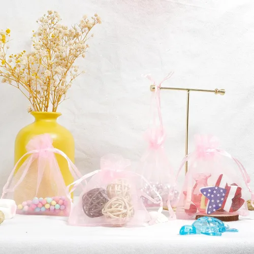 Vista 5 de Bolsas de organza, bolsas de organza rosa, 100 unidades, bolsas de organza transparente de 3 x 4 pulgadas, bolsas de regalo de joyería, bolsas