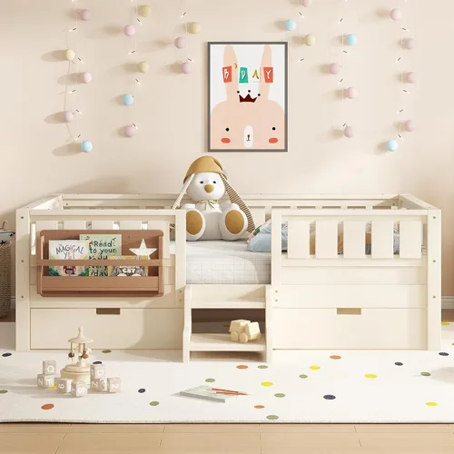 Vista 3 de Bellemave Cama Montessori Twin Kids con escaleras, estantería y cajones, beige Cajón beige