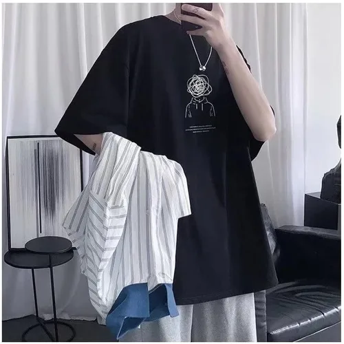 Vista 3 de CYee Camiseta de gran tamaño con estampado de dibujos animados Y2K para hombre, sudadera de verano holgada Indie Grunge Harajuku Alt Streetwear