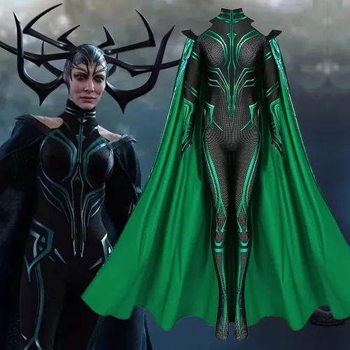 Vista 4 de Hela - Disfraz de película Th-or 3 Ragnarok con capa para mujeres y niñas