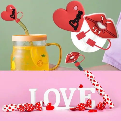 Vista 3 de Funda dispensadora de popote de silicona para copa Stanley, 10 unidades, compatible con popote de San Valentín, tapa de popote reutilizable