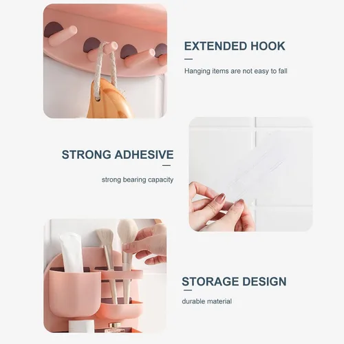 Vista 8 de Estante de montaje en pared, organizador de accesorios de mesita de noche con ganchos, almacenamiento adhesivo para teléfono, control remoto, Rosa