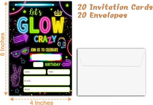Vista 2 de Invitaciones de fiesta de cumpleaños con neón y brillo, 20 unidades. Invitaciones temáticas de cumpleaños "Let's Glow Crazy" con sobres - HBYQK-B02