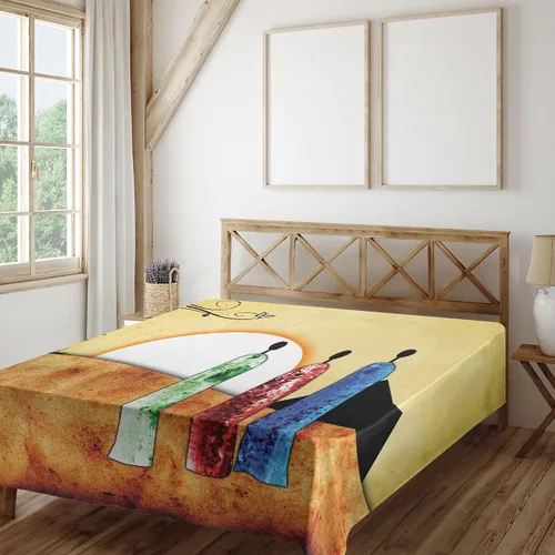 Vista 2 de Ambesonne African Flat Sheet, People Facing Large Sun Savannah Desert Boho Wildlife Illustration, Soft and Comfortable Top Sheet Decorative Bedding