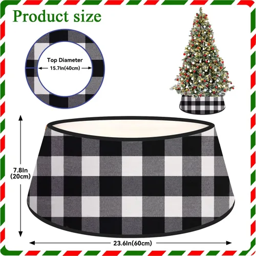 Vista 2 de FANPROMS Collar de árbol de Navidad en blanco y negro de 24 pulgadas, diseño de búfalo a cuadros, bordado de terciopelo, falda de árbol, decoración