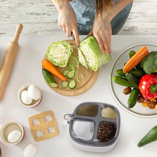 Vista 7 de Caja de condimentos con tapa y cuchara, 4 compartimentos para especias con asa, tarros de condimentos de cocina casera para azúcar, sal y pimienta