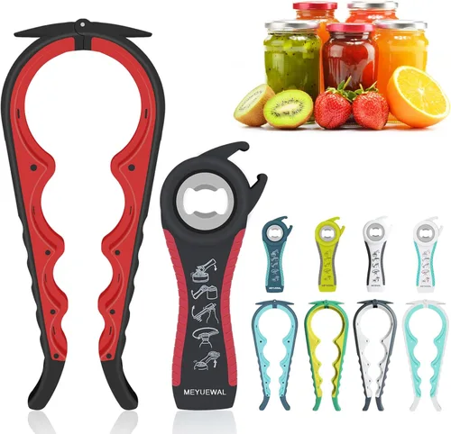 Vista 10 de Abridor de Frascos, Kit Abridor de Latas y Botellas Multifunción 5 en 1 con Mango de Silicona Fácil de Usar para Niños, Ancianos y Personas con Rojo