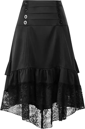 Vista 5 de FEOYA Falda gótica steampunk para mujer, falda renacentista alta y baja para disfraz, falda victoriana con volantes