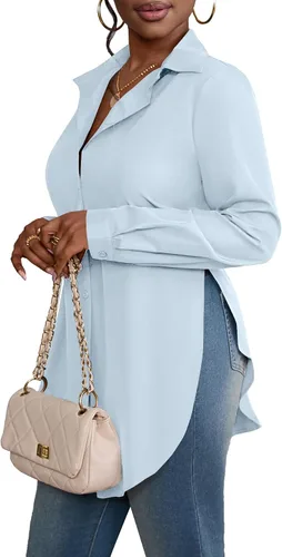 Vista 5 de Rooscier Blusa larga con cuello en V para mujer, manga larga, abertura lateral, con botones