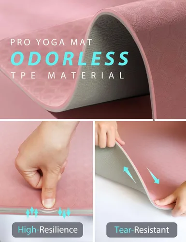 Vista 5 de Tapete de yoga de doble cara antideslizante, 2.835 x 1.260 x 0.276 in, extra ancha y gruesa con correa, esterillas de yoga profesionales de TPE