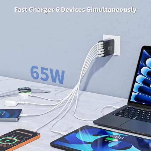 Vista 2 de Bloque de cargador USB C de 65 W, 2 unidades de 6 puertos Apple USB C GaN adaptador de corriente PD de carga rápida + enchufe de pared QC