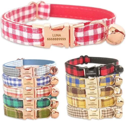 Vista 12 de PETDURO Collares de gato a cuadros personalizados hechos a mano con campana y hebilla de metal grabada con nombre personalizado para gatos lindos