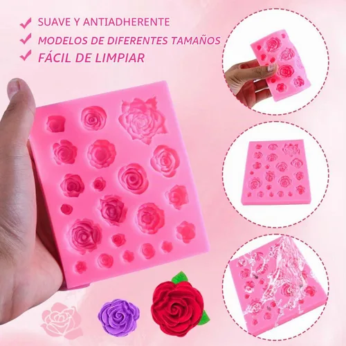 Vista 3 de OBTANIM Molde de silicona para fondant, 21 cavidades, rosa, flor, pastel, cupcake, decoración superior, molde para chocolate, caramelo hecho a mano