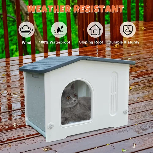 Vista 3 de Casa para gatos al aire libre con puerta de escape, casa para gatos con alfombrilla de autocalentamiento, casa para gatos al aire libre, casa grande