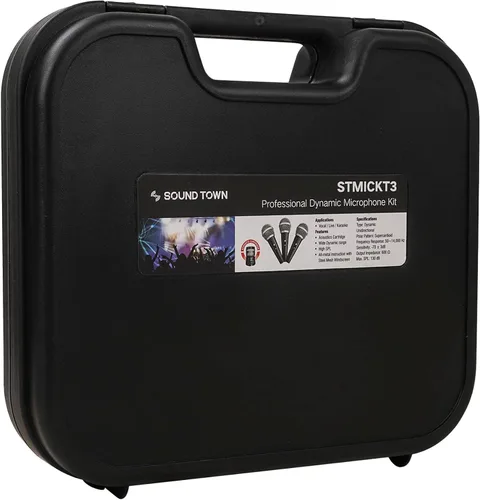 Vista 4 de Sound Town Kit de micrófono dinámico profesional de mano de 3 piezas con estuche de transporte, clips de micrófono, cables de audio XLR de 26 pies a