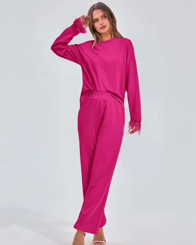 Vista 3 de BTFBM Women Two Piece Outfits 2023 Feather Trim Loose Long Sleeve Pullover Leg Pants Casual Sweatsuit Tracksuits Sets