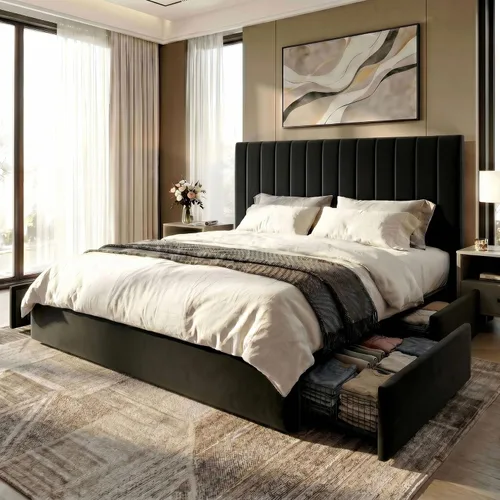 Vista 15 de SHA CERLIN Base de cama de plataforma tamaño matrimonial con 4 cajones de almacenamiento, cabecera acolchada vertical con diseño acanalado