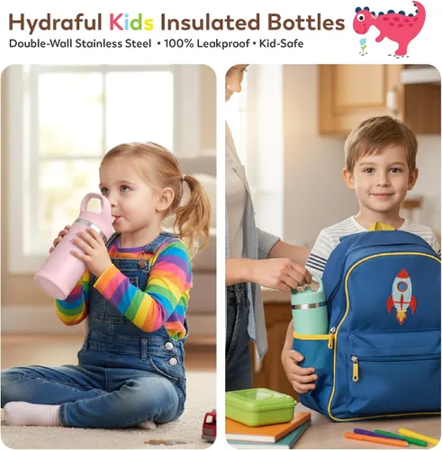 Vista 4 de Hydraful Botella de agua para niños de 12 onzas con tapa de pajilla, botella de acero inoxidable aislada al vacío, botella de agua deportiva sin BPA