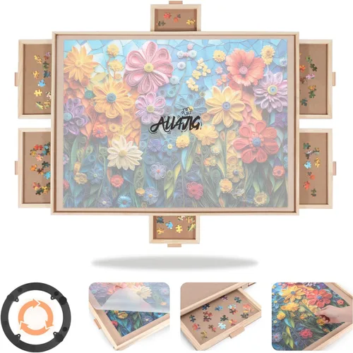 Vista 9 de ALL4JIG - Tablero giratorio de 1000 piezas con 4 cajones de 20.94 x 28.74 pulgadas, mesa de rompecabezas portátil de madera para adultos, tablero