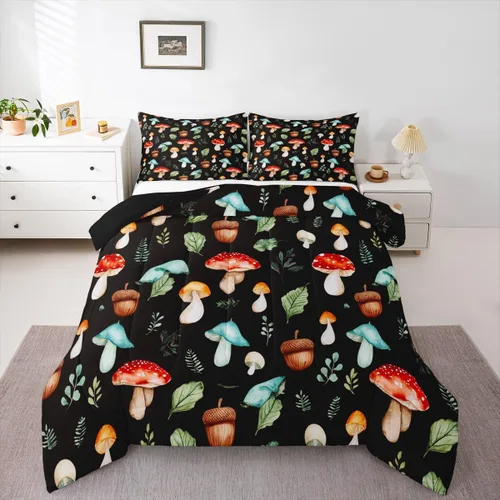 Vista 11 de Feelyou Lindo juego de ropa de cama de hongos kawaii tamaño individual para niños y niñas, decoración de hongos salvajes, juego de edredón