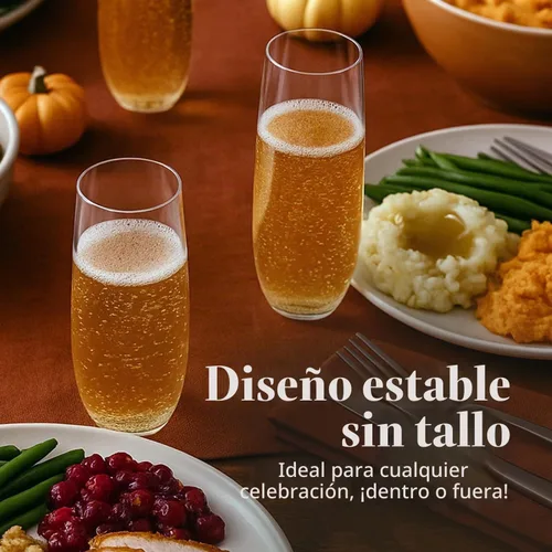 Vista 4 de Prestee Paquete de 24 copas de champán de plástico sin tallo, vasos desechables transparentes de 9 onzas para vino, cócteles, mimosas, copas
