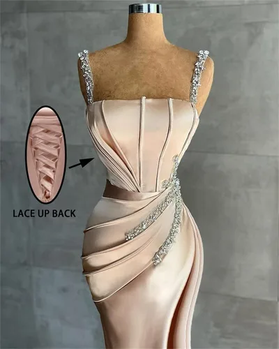 Vista 3 de Vestidos largos de satén con tirantes delgados, vestidos largos de sirena para mujer, vestidos de noche ajustados con cuentas 2023