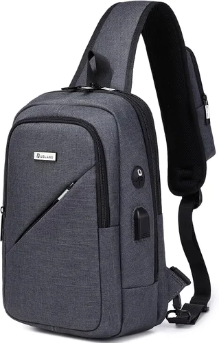 Vista 17 de DUSLANG Mochila de hombro para senderismo, bolsa cruzada para hombres, bolsas de pecho con puerto de cargador USB para campamento casual, ciclismo