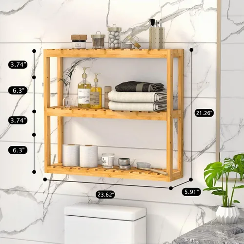 Vista 3 de Estante Domax de bambú, para baño, 3 niveles de montaje en pared, multifuncional, capa ajustable, de pie, para colocar por encima del inodoro