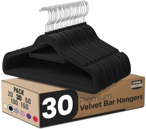 Vista 13 de Utopia Home Perchas de terciopelo de alta calidad, paquete de 20 – Percha antideslizante con barra de amarre – Perchas negras con gancho giratorio