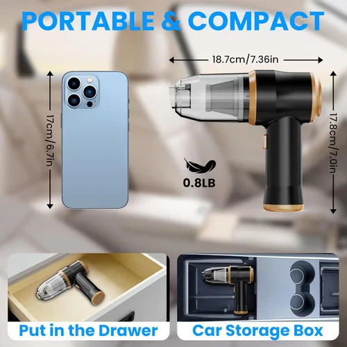 Vista 6 de Mini aspiradora de coche de 15000 Pa Aspiradora portátil inalámbrica de mano y plumero de aire con 2 filtros para automóvil, sofá, oficina, mascota