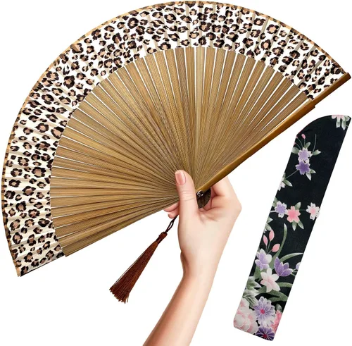 Vista 15 de OMyTea, abanico desplegable con motivo de flores de yuyos (8.27 pulgadas - 21 centímetros) con funda de tela para protección, estilo chino/japonés