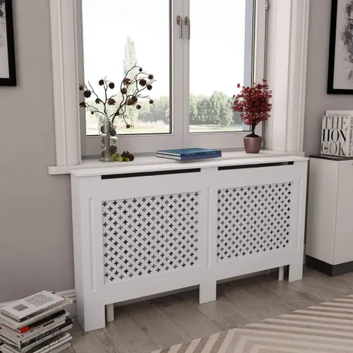Vista 34 de 2 piezas de MDF para el hogar, calentador de sala de estar, soporte lateral para calefacción, cubierta de radiador, estante de gabinete de Blanco