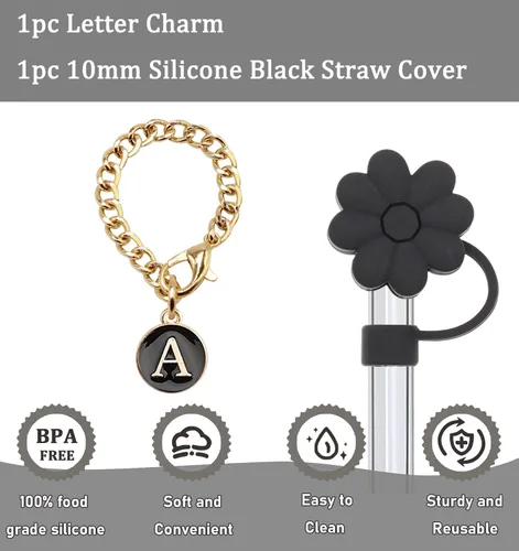Vista 2 de Stanley - Accesorios para tazas, 1 popote de silicona para vaso Stanley de 30 y 40 onzas con asa y 1 dije de letra inicial para taza (letra A)
