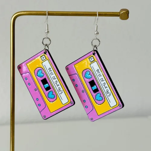 Vista 4 de 1 a 3 pares de aretes de neón de los años 70, 80 y 90 para mujeres y niñas, únicos, divertidos, bonitos, coloridos, con cinta de casete, aretes