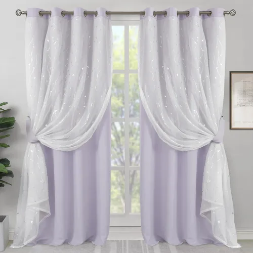 Vista 30 de BGment Cortinas de oscurecimiento de habitación con superposición transparente, cortinas de tul estampado plateado de doble capa para sala de estar