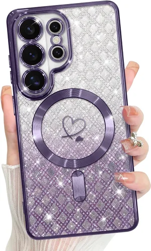 Vista 785 de Bonoma - Funda compatible con Samsung Galaxy S21 Plus, diseño de corazón con purpurina, color rosa Support for MagSafe, Plating Magnetic Case TPU