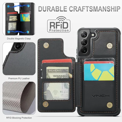 Vista 2 de Vinich Funda tipo cartera para Samsung Galaxy S22 Plus con tarjetero y ranuras de crédito con bloqueo RFID, función atril, a prueba de golpes