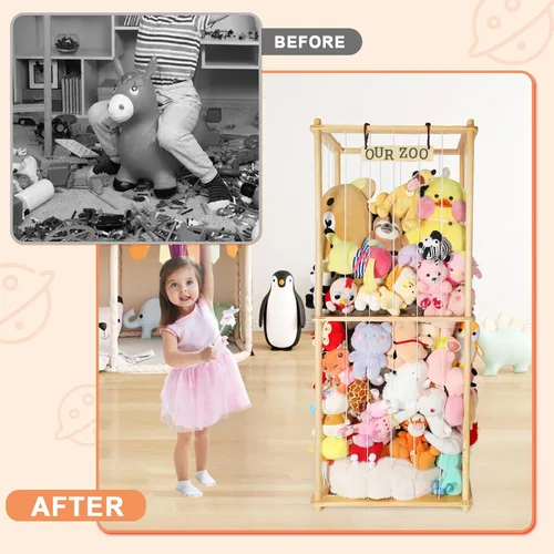 Vista 5 de Estante organizador grande de peluche de 63 pulgadas para niños, estante organizador de almacenamiento de felpa de madera con cordón elástico