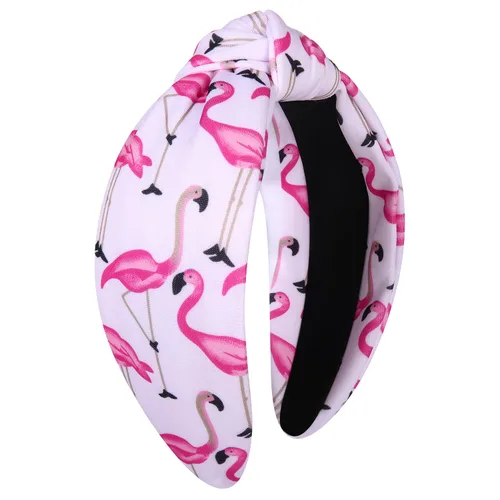 Vista 3 de ZITULRY Diademas anudadas para mujer, diseño de flamenco hawaiano, nudo superior, banda ancha para el cabello, bohemio, rosa, tropical, pájaro