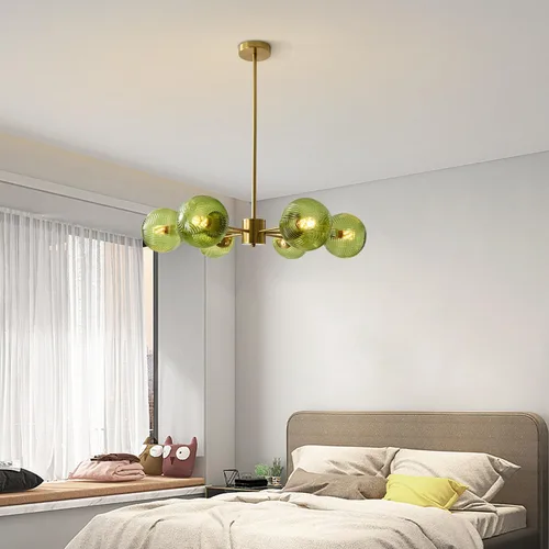 Vista 6 de BOKT Lámpara Colgante de Bola de Vidrio Verde Moderna de Mediados de Siglo Dorada de 6 Luces Globo Sputnik Candelabro Accesorio de Iluminación