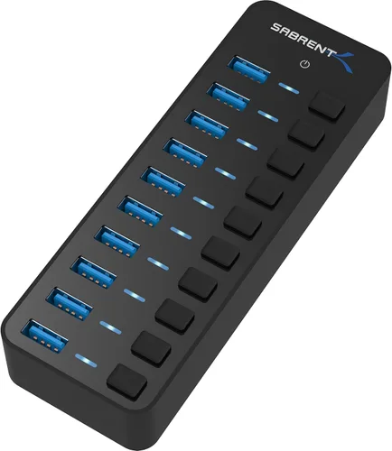 Vista 9 de SABRENT Hub USB-C de 7 puertos con interruptores de alimentación, USB 3.2 de 5 Gbps, concentrador alimentado de 48 W con 3 puertos USB-A + 4 puertos