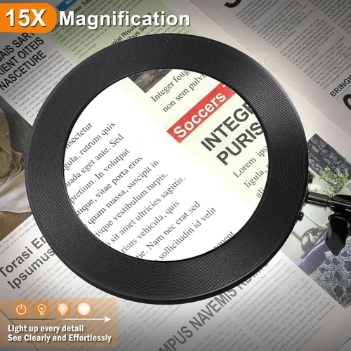 Vista 2 de Lupa grande de 15X con luz, lupa iluminada con soporte de cristal real de 5 pulgadas, 3 modos de color, lámpara de escritorio con lupa LED regulable