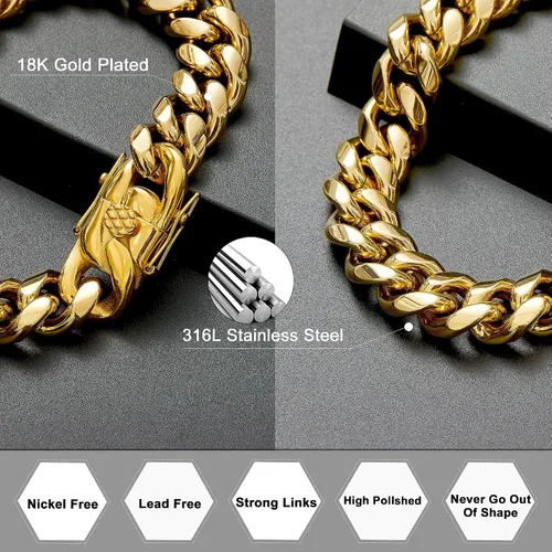 Vista 5 de Collar de cadena de eslabones cubanos de acero inoxidable chapado en oro de 18 quilates para hombre