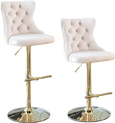 Vista 12 de Juego de 2 taburetes de bar de terciopelo beige, sillas de bar giratorias ajustables con respaldo