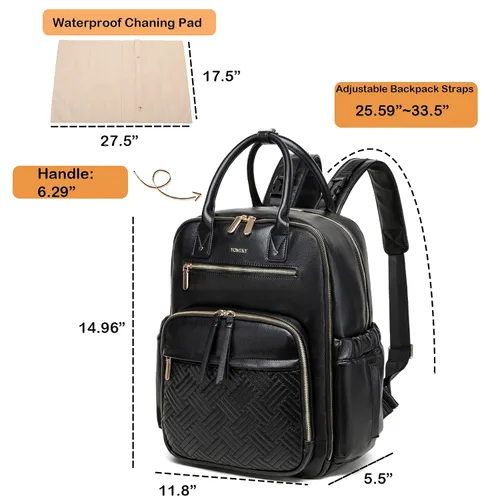 Vista 4 de Mochila de cuero para pañales para mujer con múltiples bolsillos, compartimento para laptop y cambiador.