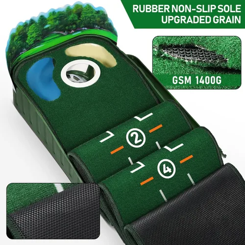 Vista 4 de Alfombrilla de golf verde para interiores y exteriores con retorno de pelota y 3 agujeros, mejora la precisión y la velocidad, duradero, resistente