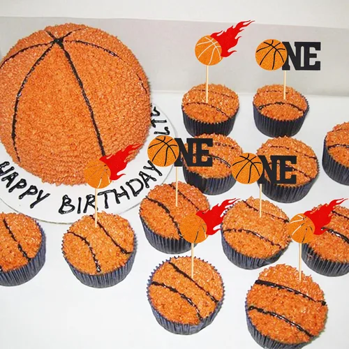 Vista 4 de Arthsdite 24 decoraciones de baloncesto para cupcakes con temática de baloncesto para el primer cumpleaños, decoración para tartas de temática